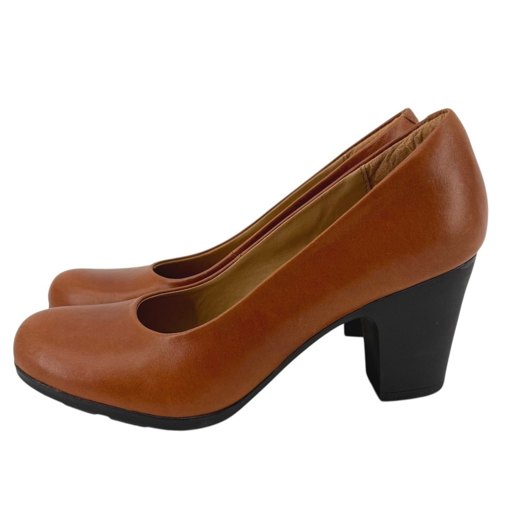 NEW Sofft Womens 7.5 Nasia Cork Brown Leather Round Toe Block Heel Comfort Pumps - Picture 2 of 6